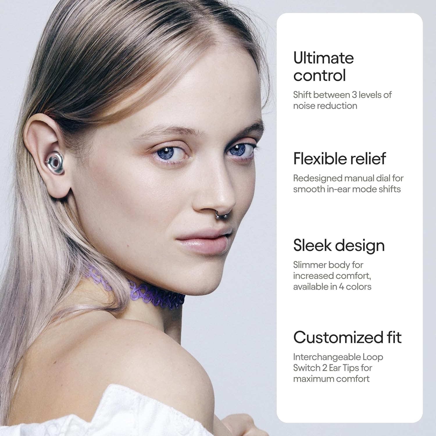 Loop Switch 2 Adjustable Earplugs – 3 Noise Reduction Modes, 20–26dB SNR – Silver